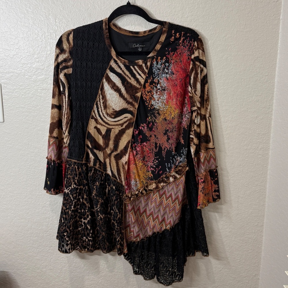 Calesas Mixed Media Tunic Top Brown Animal Print Sz L Art to Wear Boho Eclectic